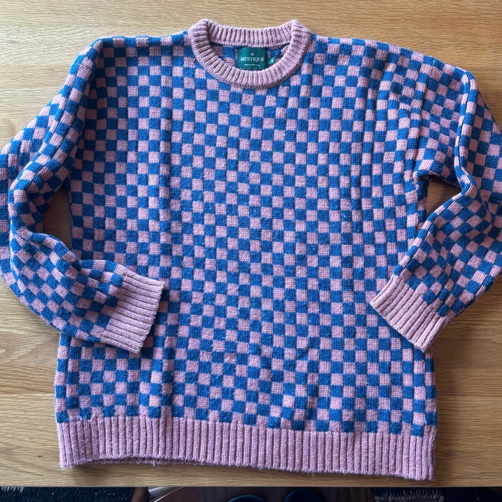 Mustique Knitted Chess Sweater in Blue & Raspberry Size Medium